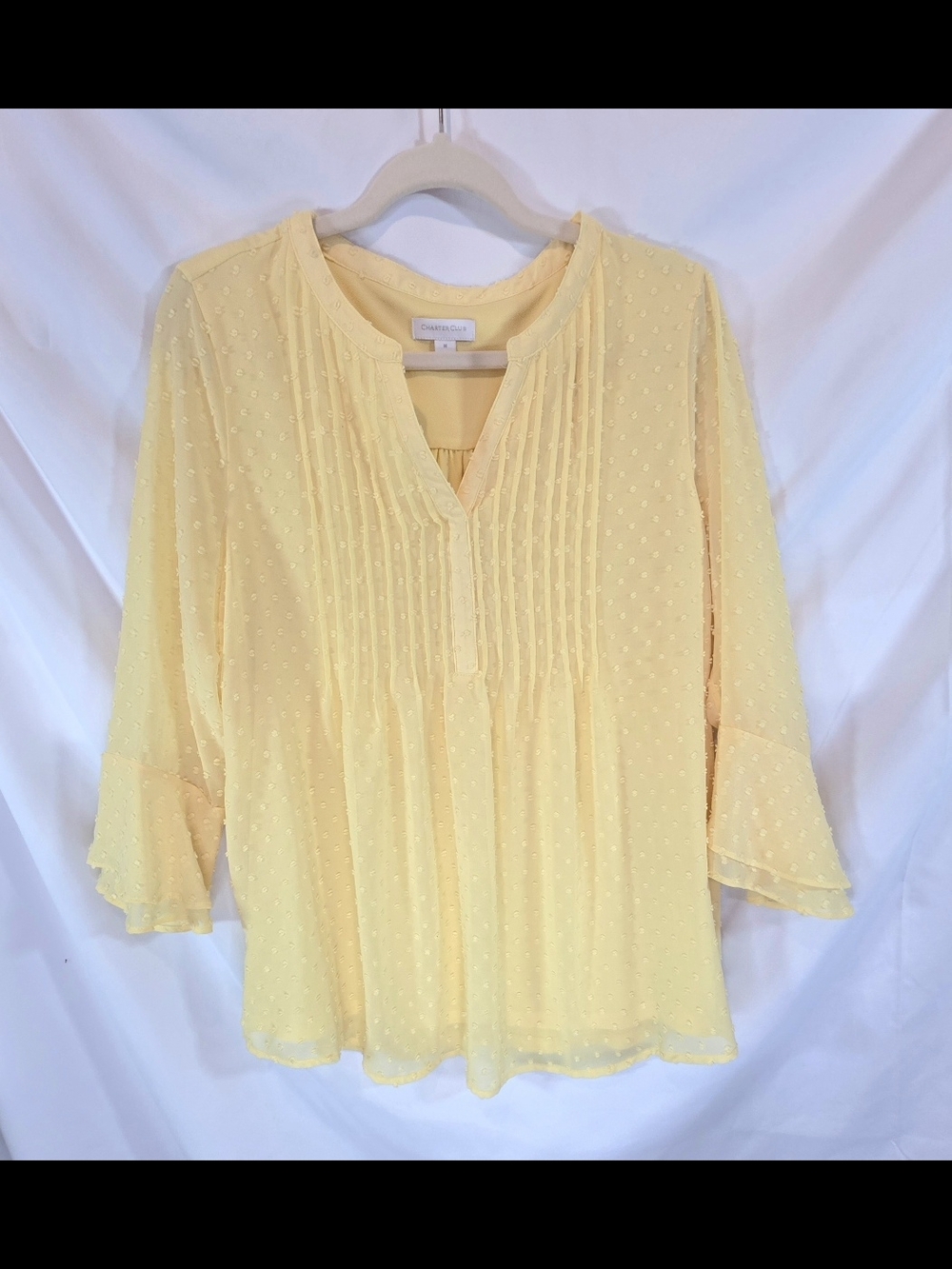 Charter Club Cottagecore Fairy Yellow Puff Dot Chiffon Bell Sleeve Blouse M